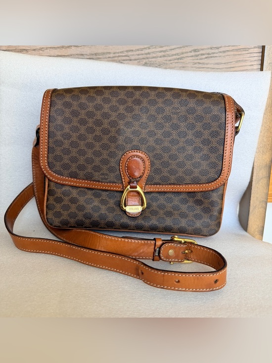 Celine Handbags - Celine Brown Macadam Print Crossbody with Tan Leather Trim and Gold Hardware